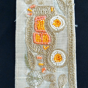 Beige / Sage Green / Black/ Blue Silk Trim With Intricate Gold Embroidered Flowers and Car with Orange And White Beads, Approx. 64mm wide